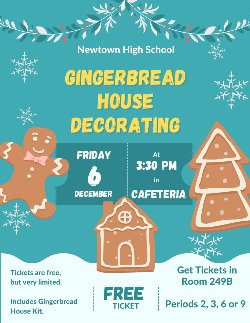 Gingerbread House Decorating flyer. Snowflakes and gingerbread cookies over a blue background. All information in adjoining post.